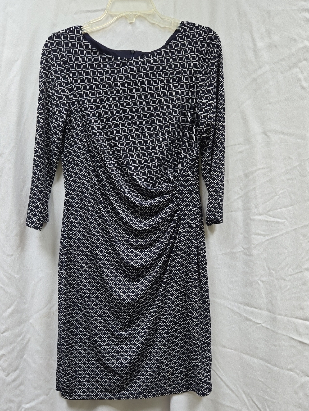 Eliza J Navy and White Geometric Ruched Long Sleeve Sheath Dress